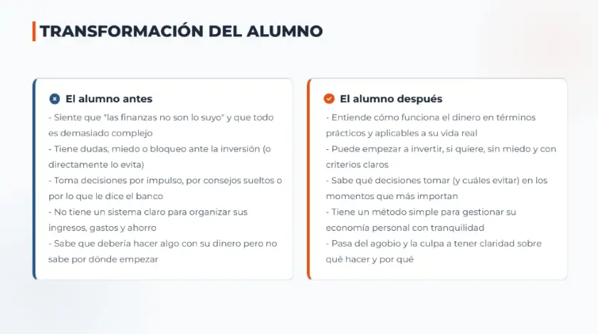 Transformación del alumno antes y después del curso Finanzas personales para la vida real de Pablo Gil